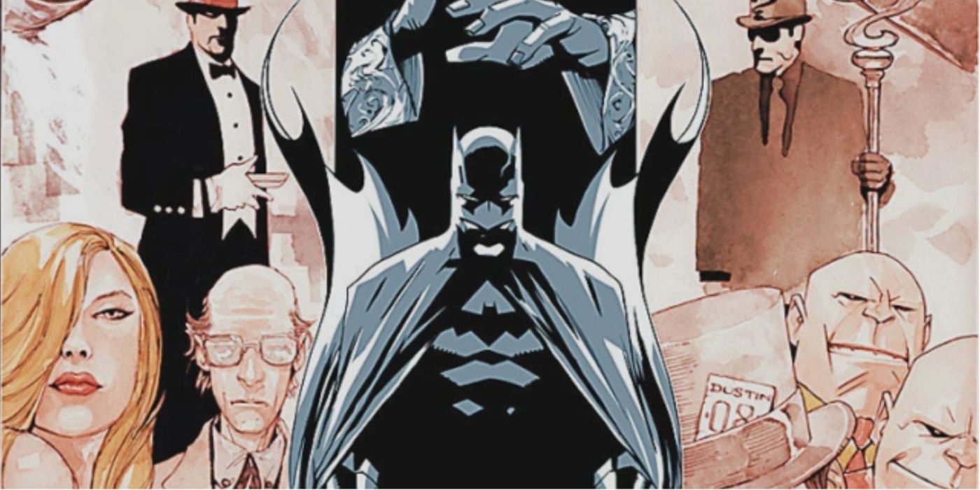 Batman holding his cape around him with a collage of supporting characters in the background.