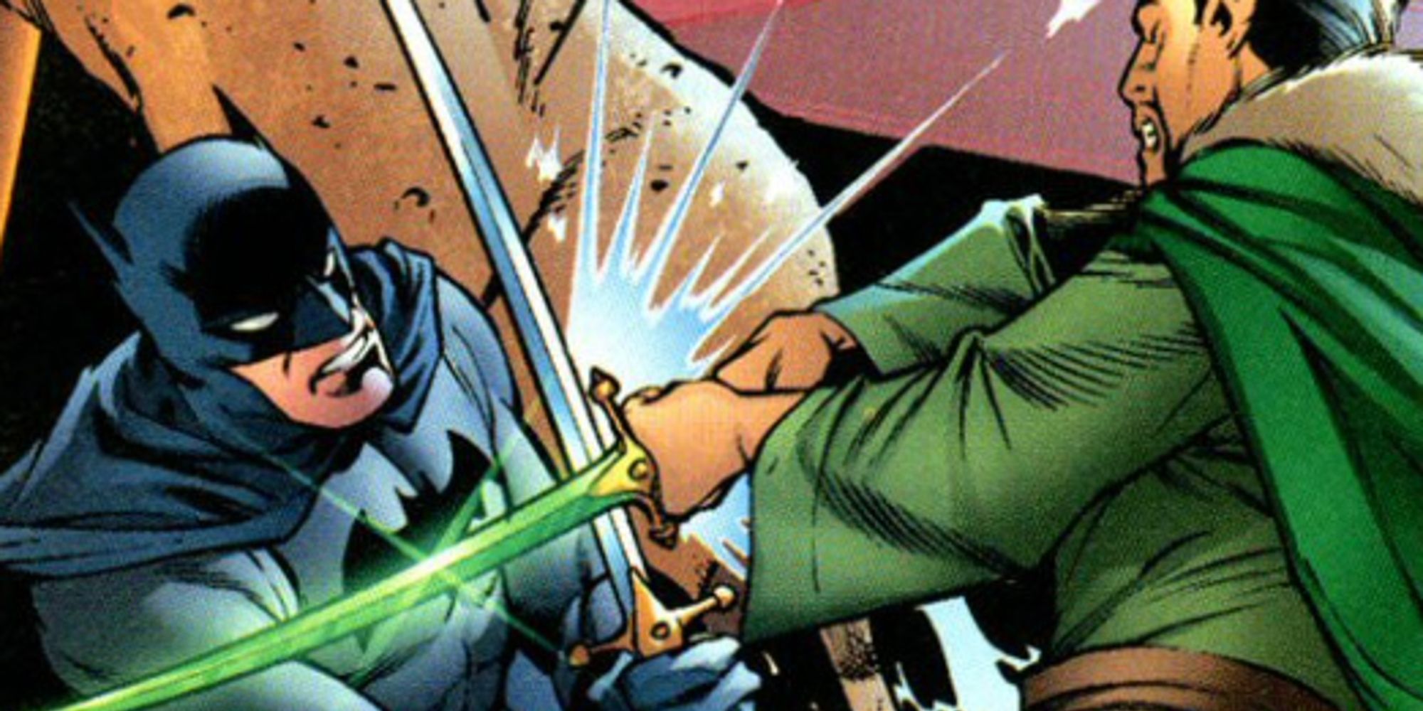 Batman fighting Ra's Al Ghul with a sword in DC
