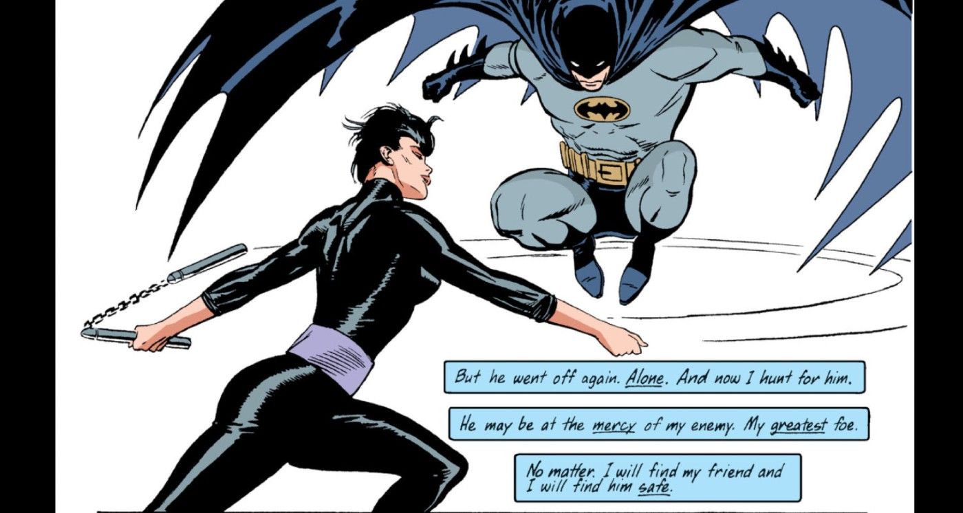 Comic book panel: Batman fights Lady Shiva.