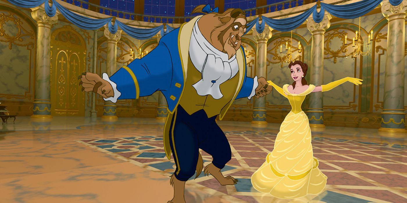 Belle and the Beast dancing in the ballroom
