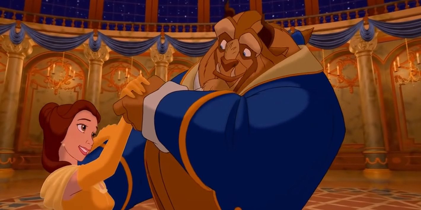 Belle and the Beast share a dance in Beauty and the Beast.