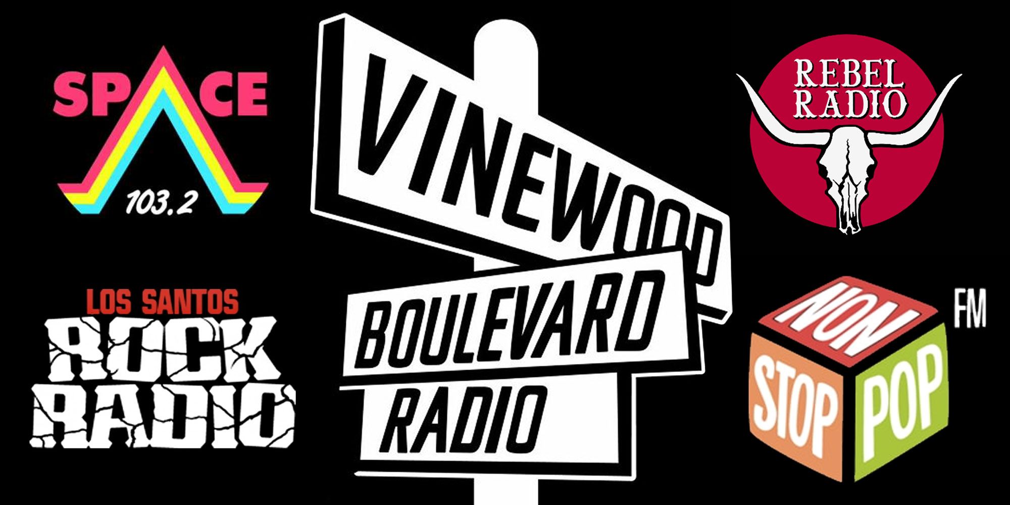 Three side by side images of logos for GTA radio stations.