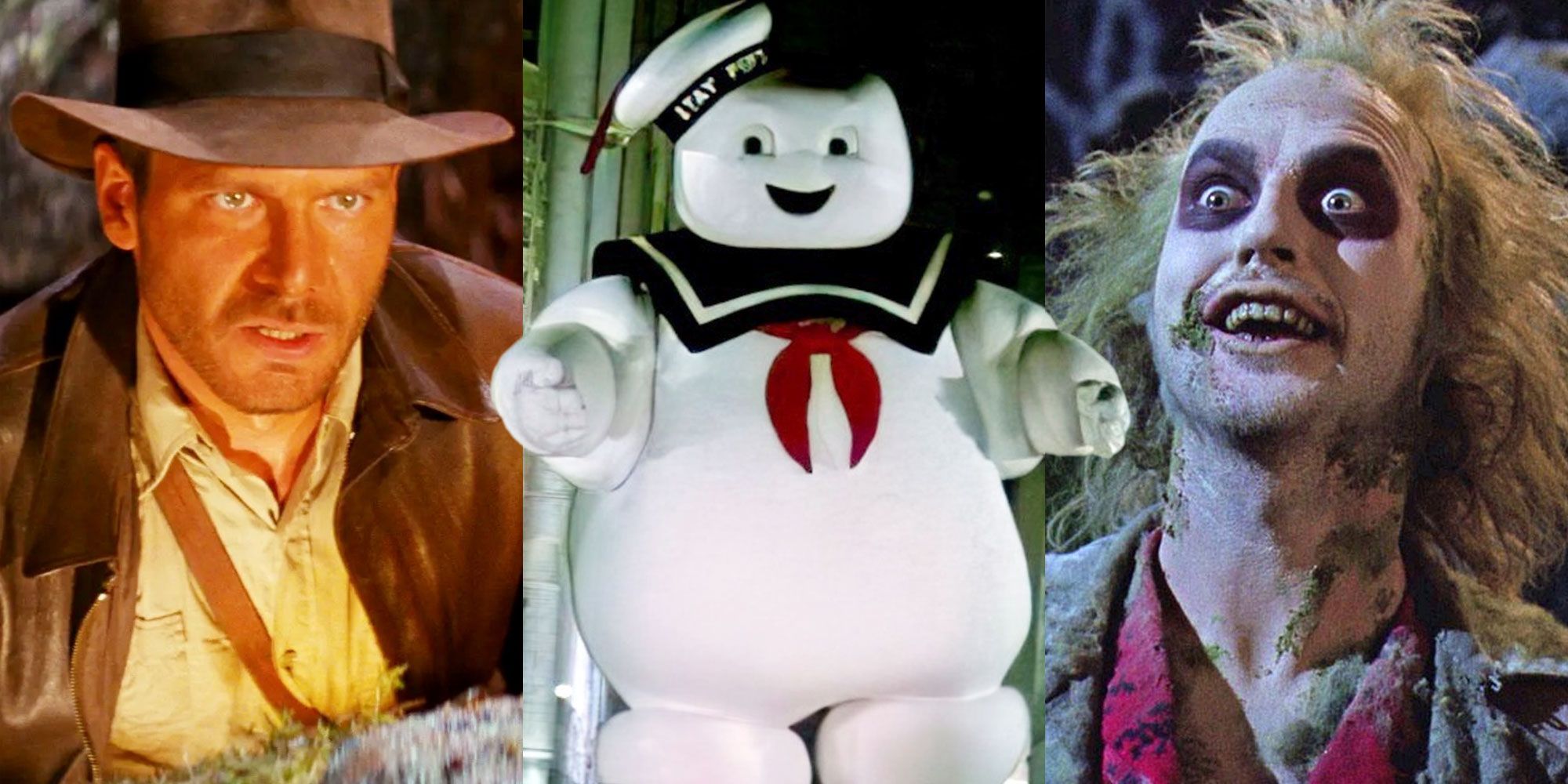 Three side by side images from Indiana Jones, Ghostbusters and Beetlejuice.
