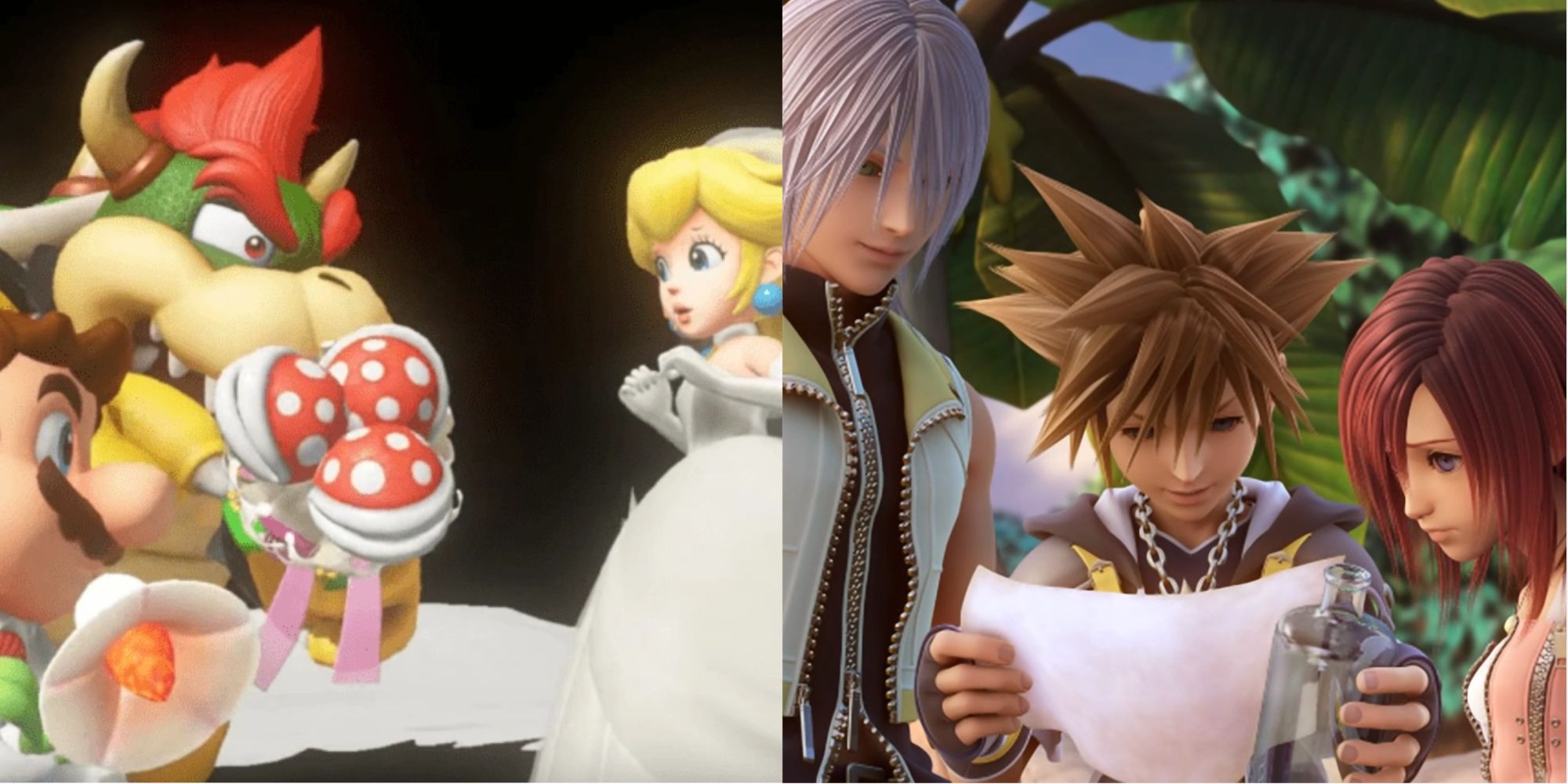 Split image of characters from Mario and Kingdom Hearts