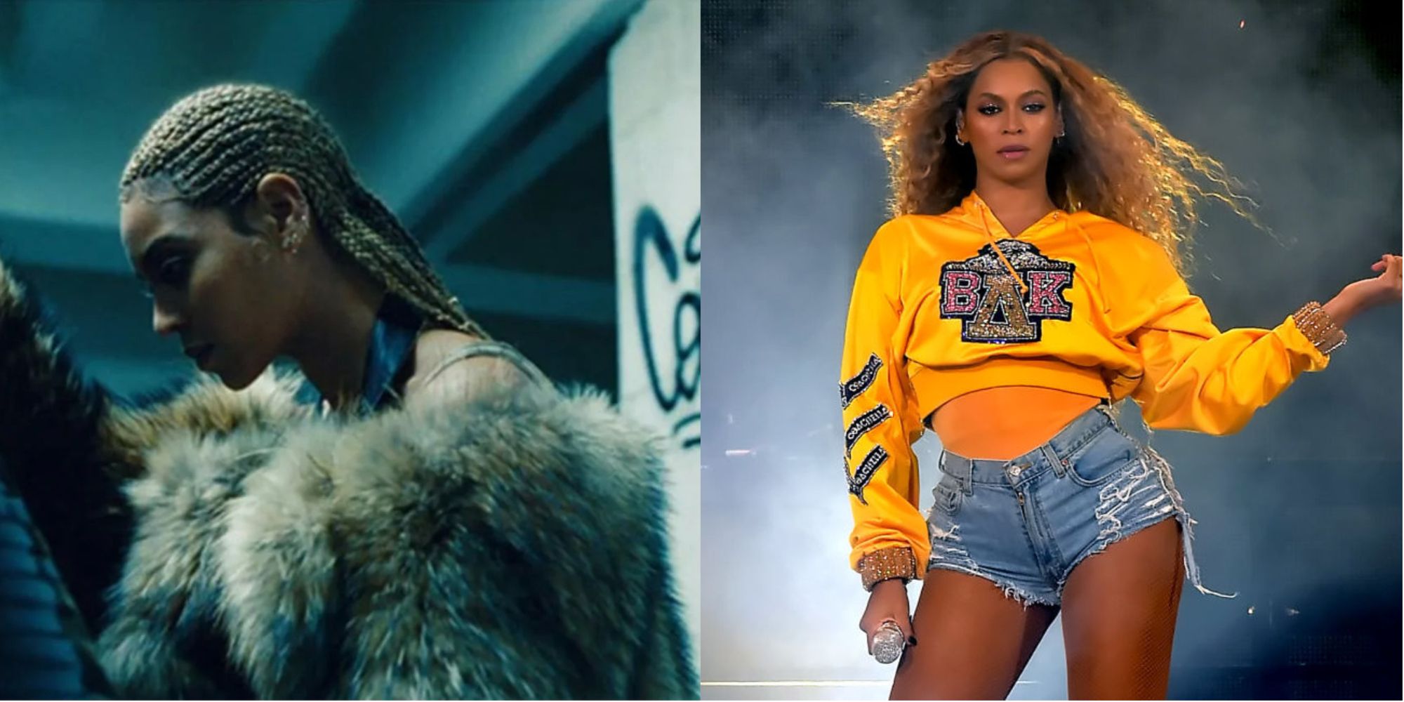 Split image of Beyoncé in Lemonade and in Homecoming