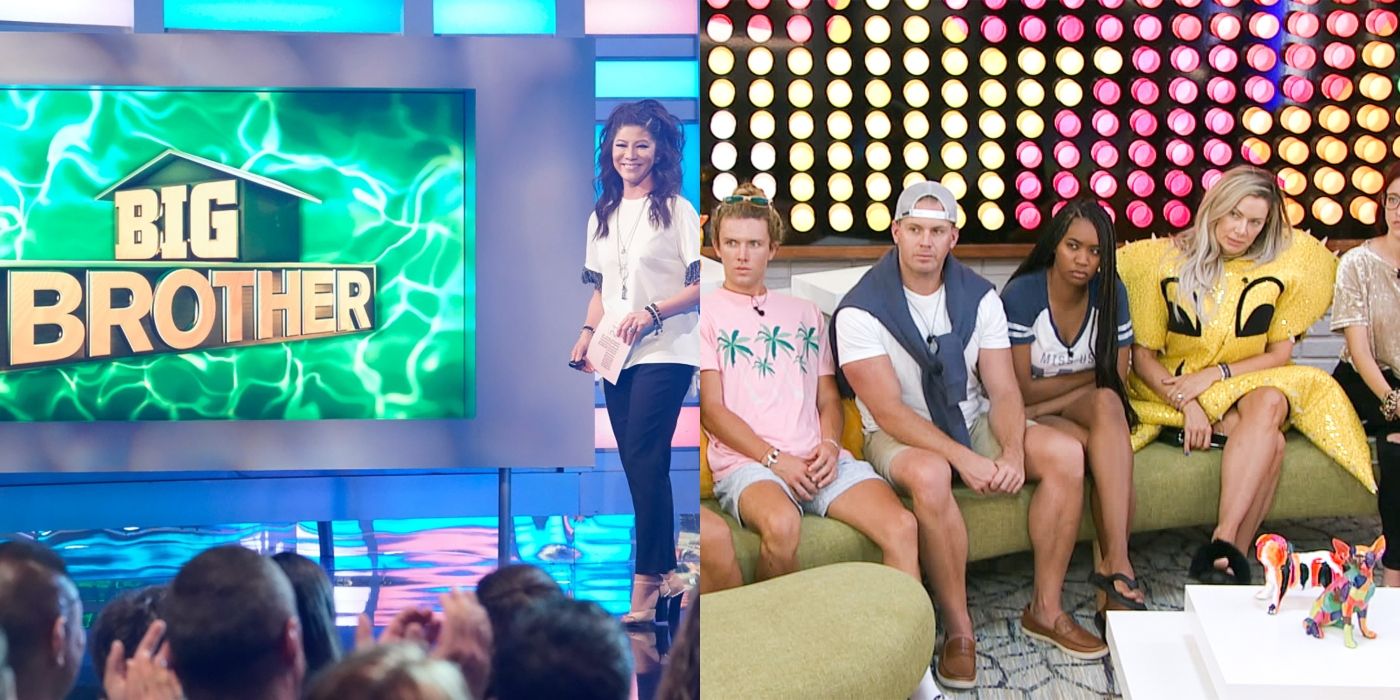 Split image of Julie Chen and cast in a veto meeting in Big Brother