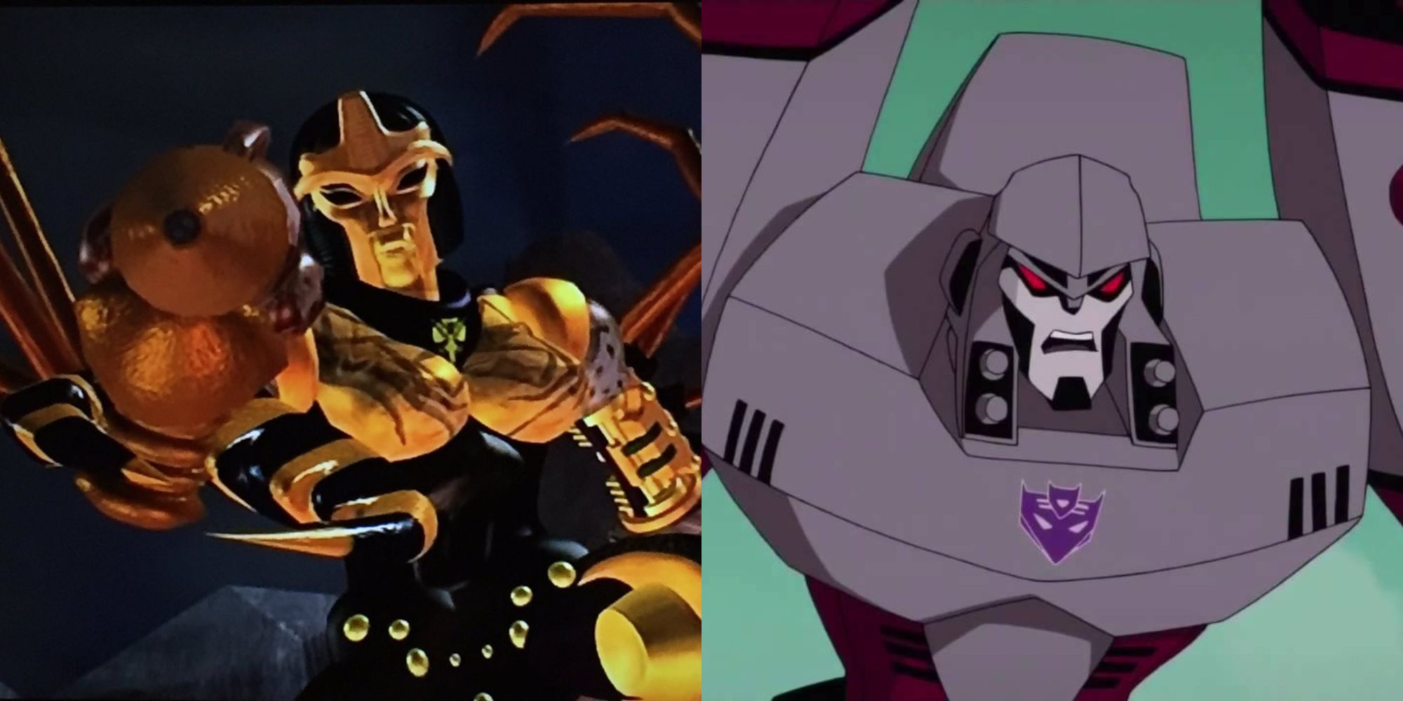 Split image showing Blackarachnia and Megatron in Transformers.