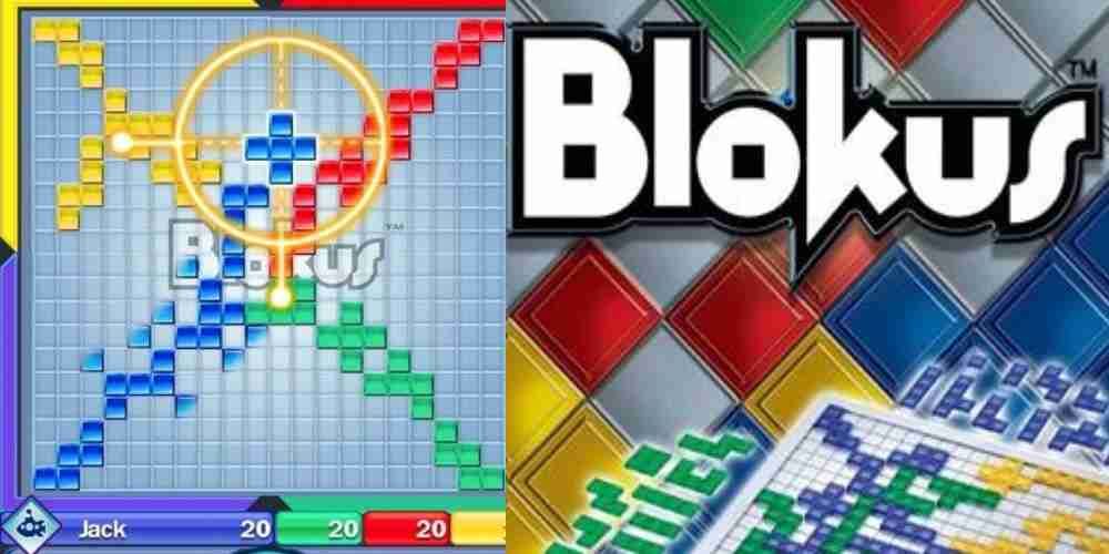 Gameplay and title screen for block fitting puzzle game Blokus HD.