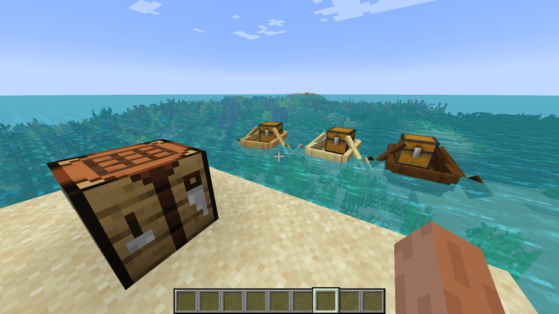 Boats with chests on a small island in Minecraft