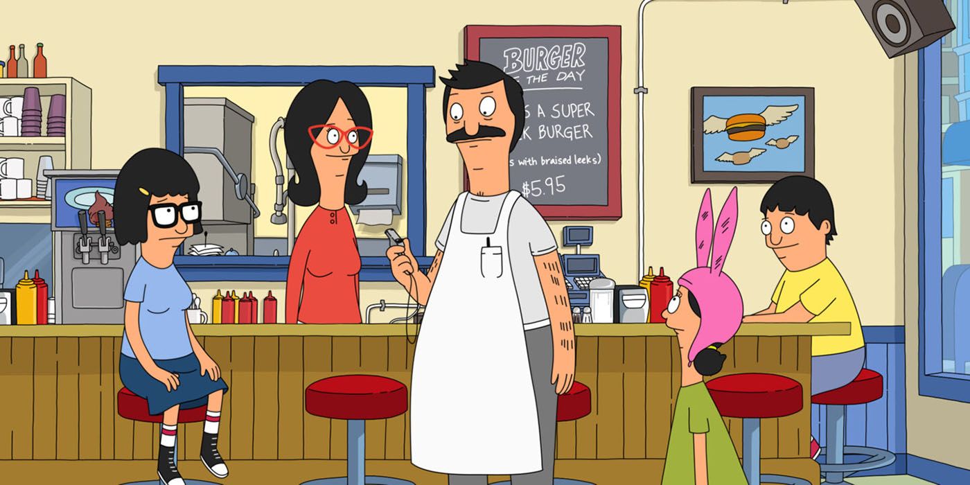The Belcher family gathered in the Bob's Burgers restaurant