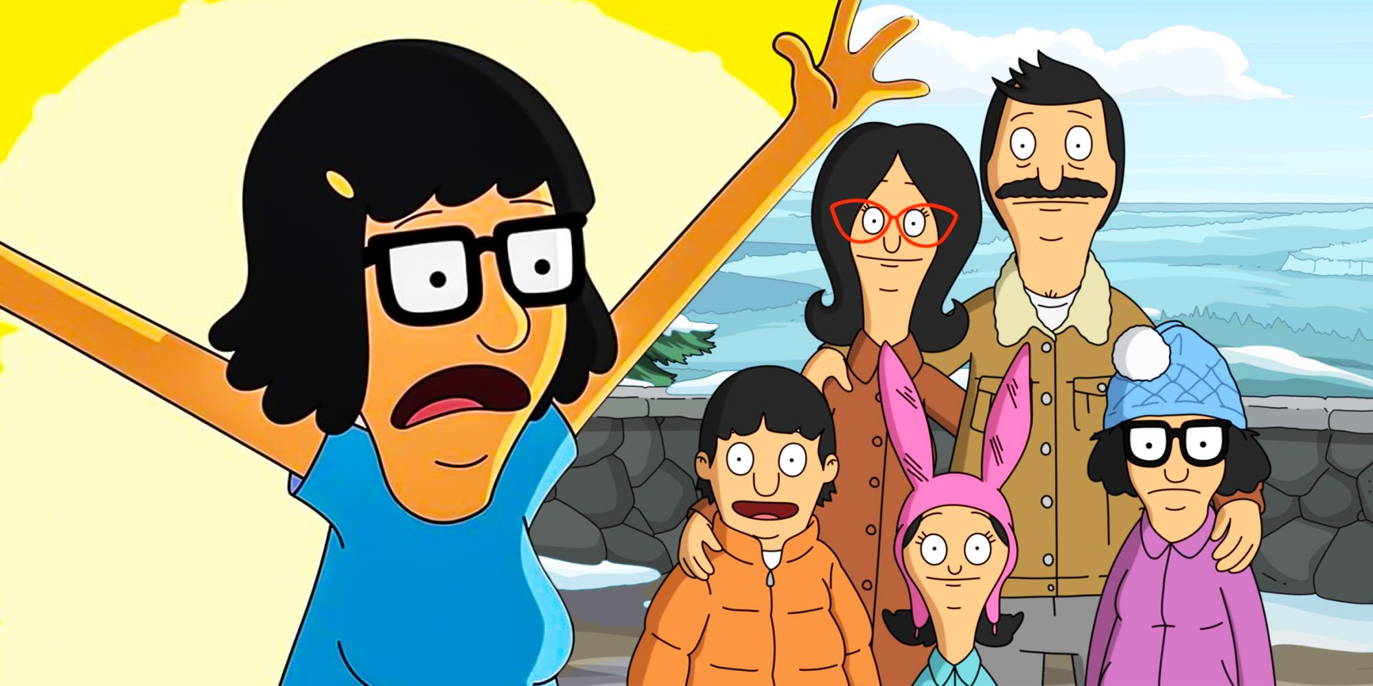 The Belcher family Christmas photo with an additional image of Tina yelling