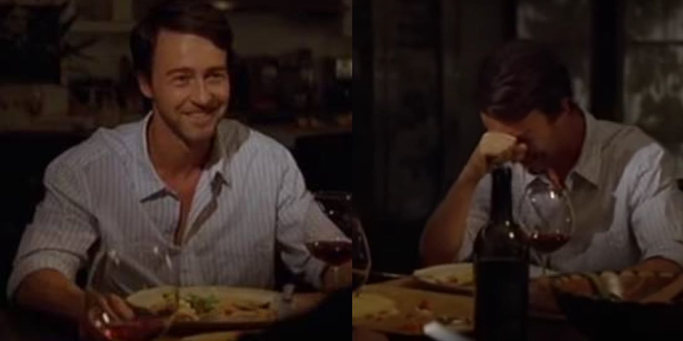 Bruce Banner smiling and crying on the dinner table in The Incredible Hulk