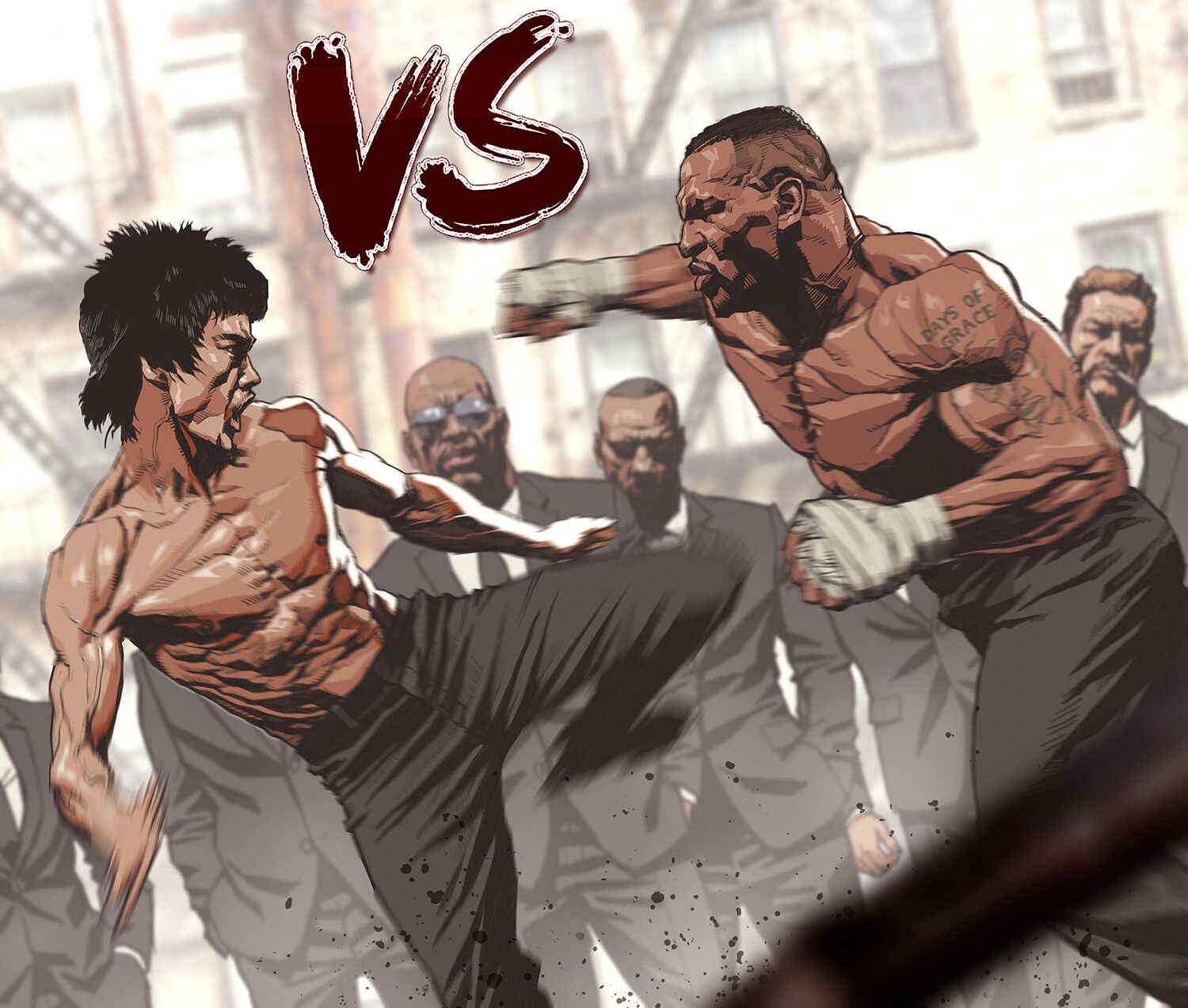 Bruce Lee and Mike Tyson both shirtless in an alleyway Bruce kicking and Mike punching in comic book style fan art