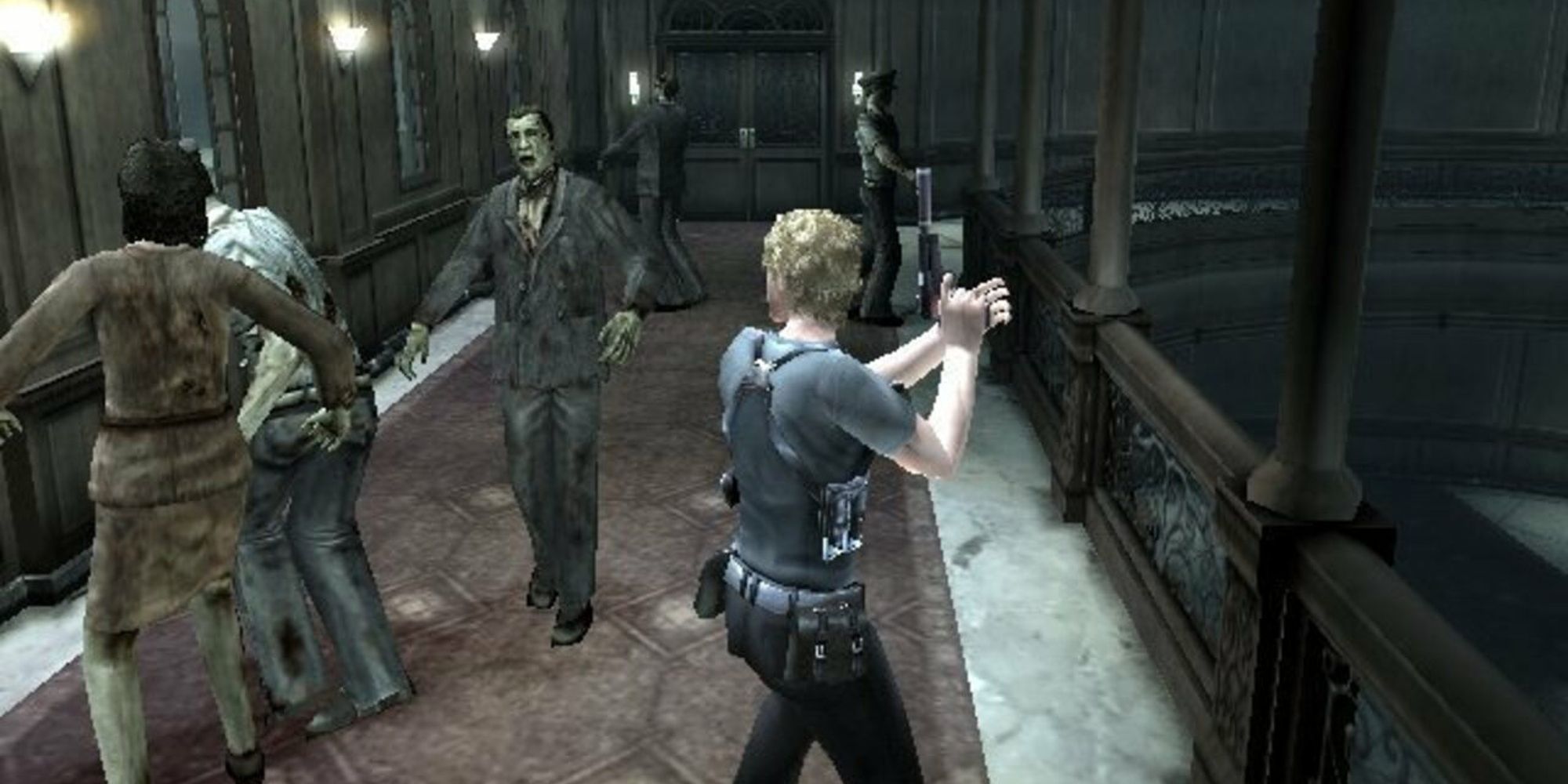 Bruce McGivern surrounded by zombies in the ship in Resident Evil Dead Aim