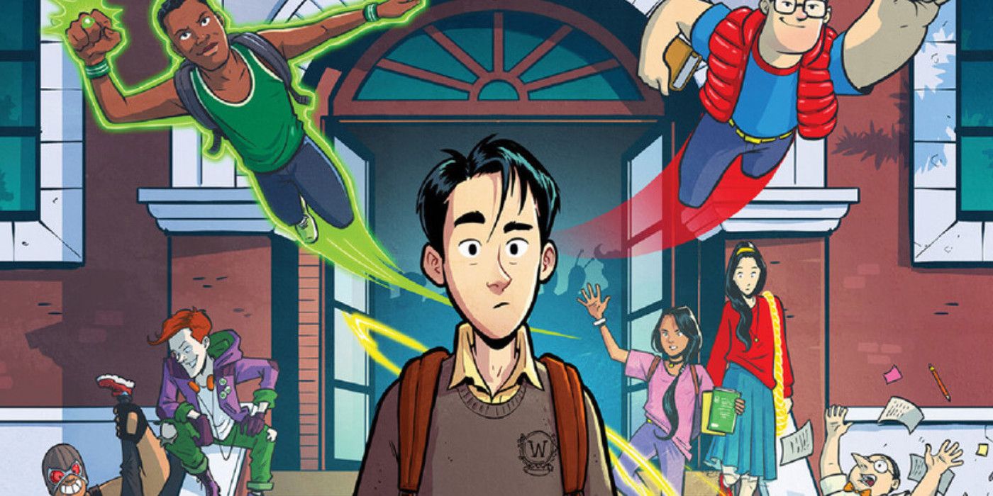Young Bruce Wayne with young Green Lantern and Superman in the background