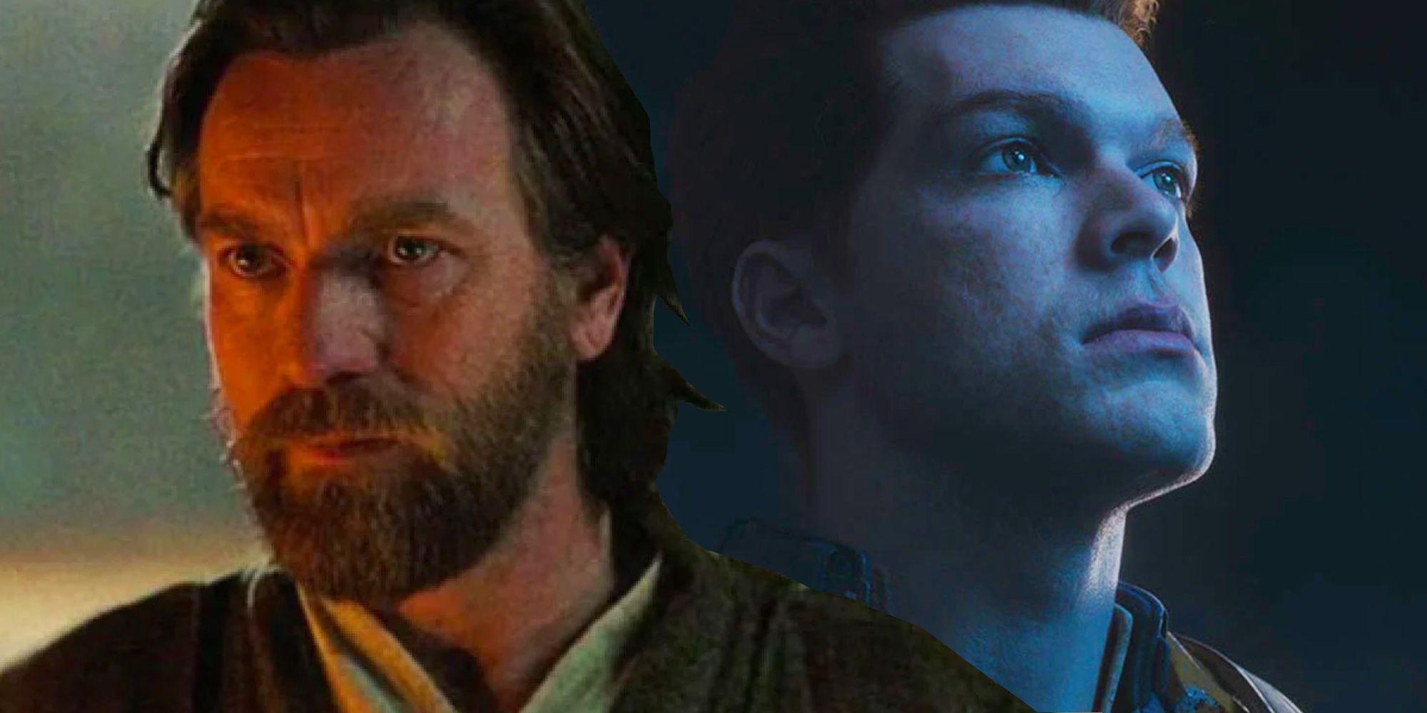 Obi Wan on left imposed over picture of Cal Kestis looking up to the right