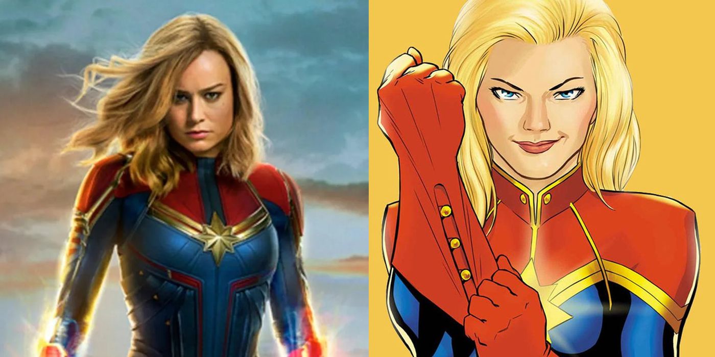 Brie Larson as Captain marvel and Carol Danvers suits up in comic cover