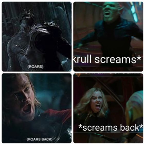 Carol roaring at skrull meme alongside Thor screaming. 