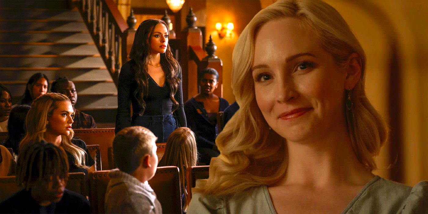 A blended image features the students of Legacies in the background and a closeup of Caroline Forbes of The Vampire Diaries in the fireground