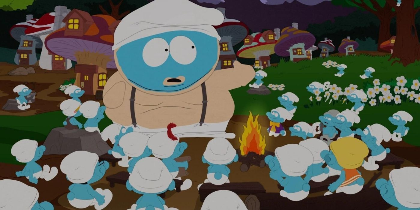 Cartman surrounded by smurfs in South Park.