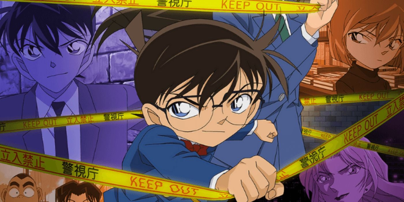 The young version of Shinichi crossing police tape with a collage of the supporting cast in the background of Case Closed key art.