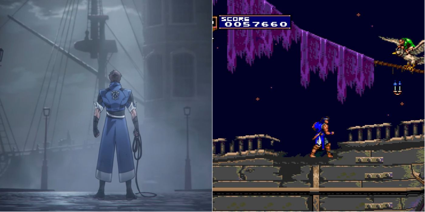 Split image of Richter facing a mist-veiled dock in Nocturne's teaser and Stage 5 in Rondo of Blood's Ghost Ship.
