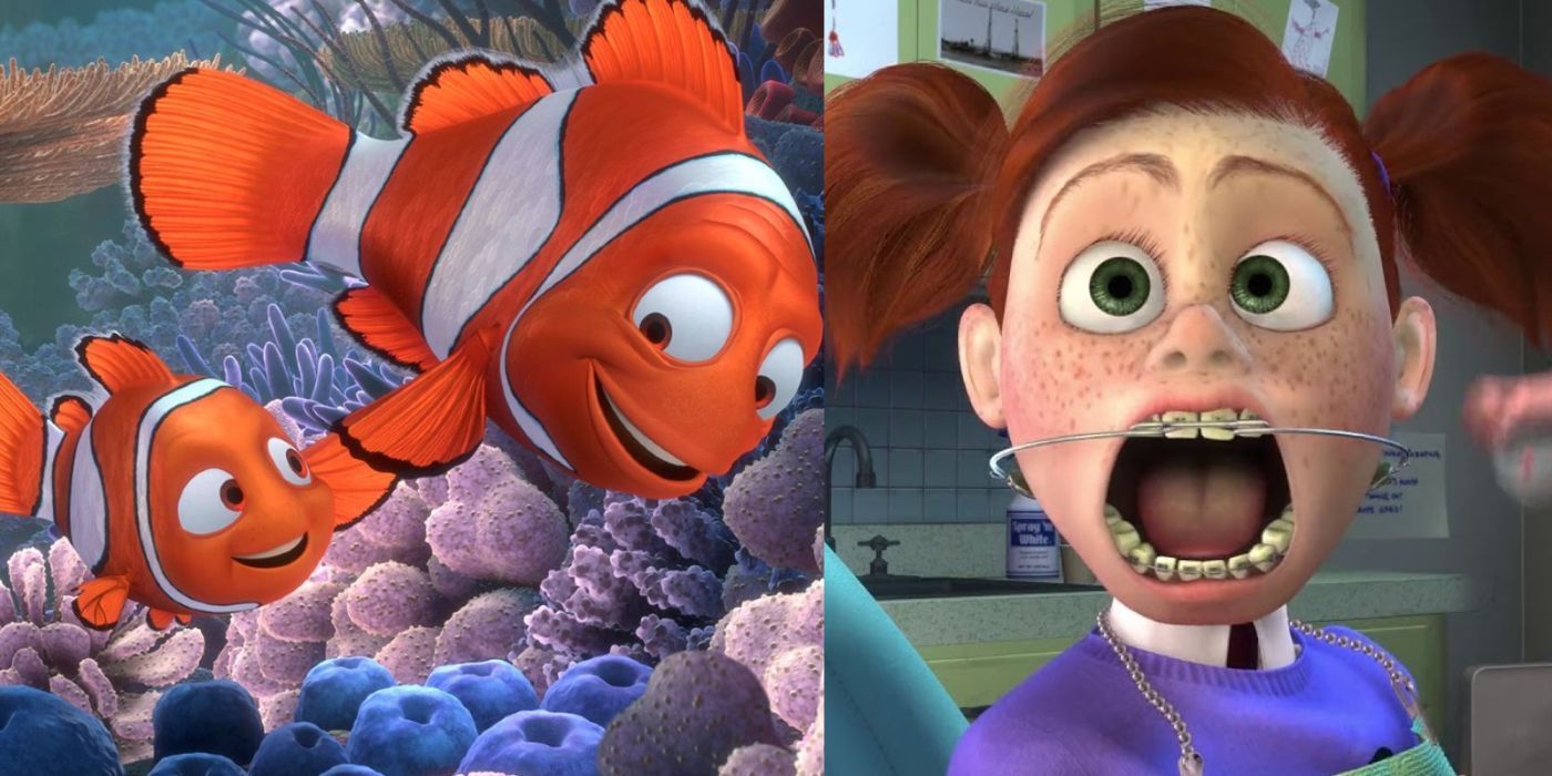 A split image showing characters from Finding Nemo