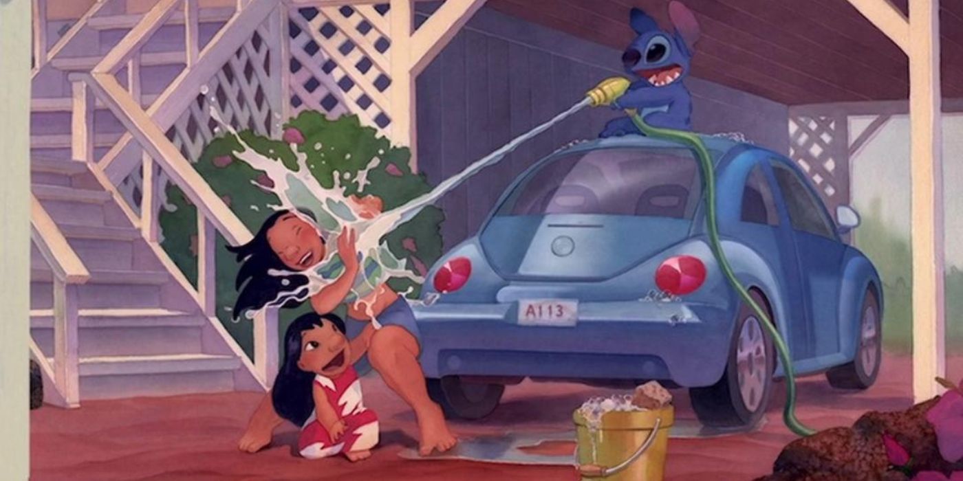 Stitch soaking Lilo and her sister with a hoze in Lilo and Stitch.