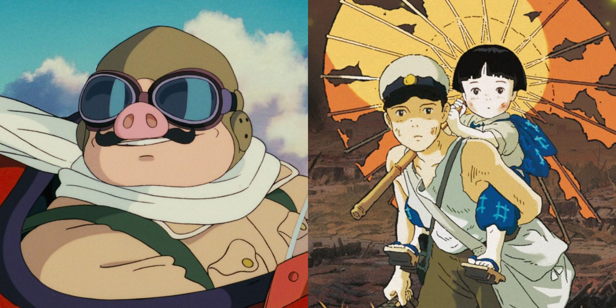 Split image showing Porco Rosso and Seita and Setsuko from Grave of the Fireflies.