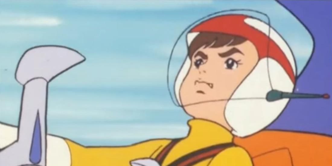 A frame from the retro anime series Chargeman Ken.