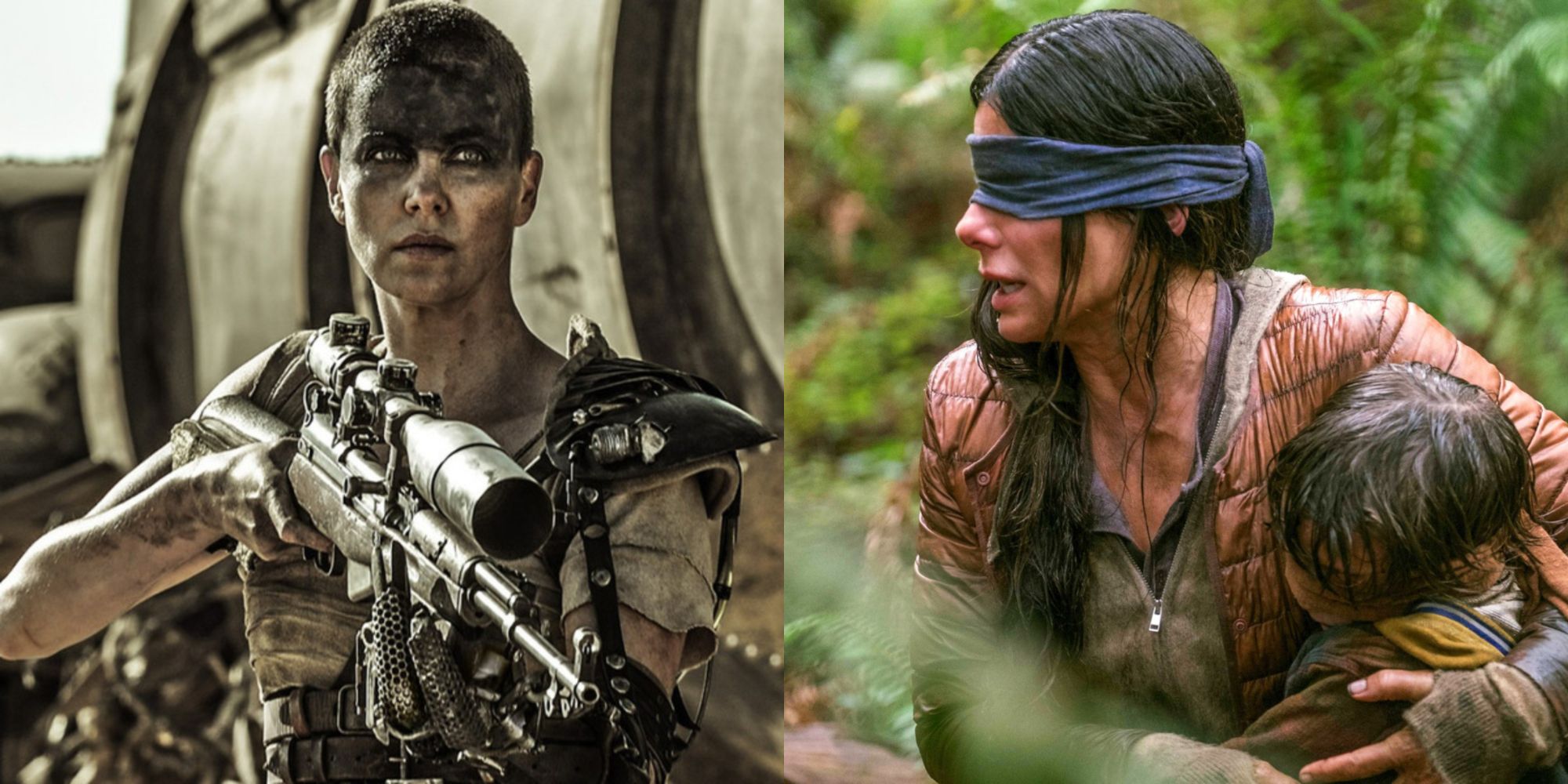 Split image showing Furiosa in Mad Max: Fury Road and Malorie in Bird Box.