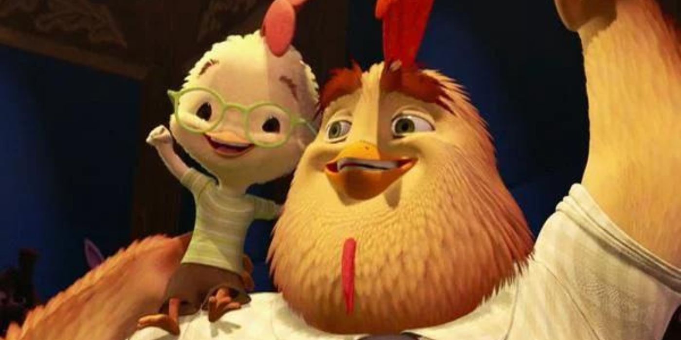 Chicken Little celebrating with his father.
