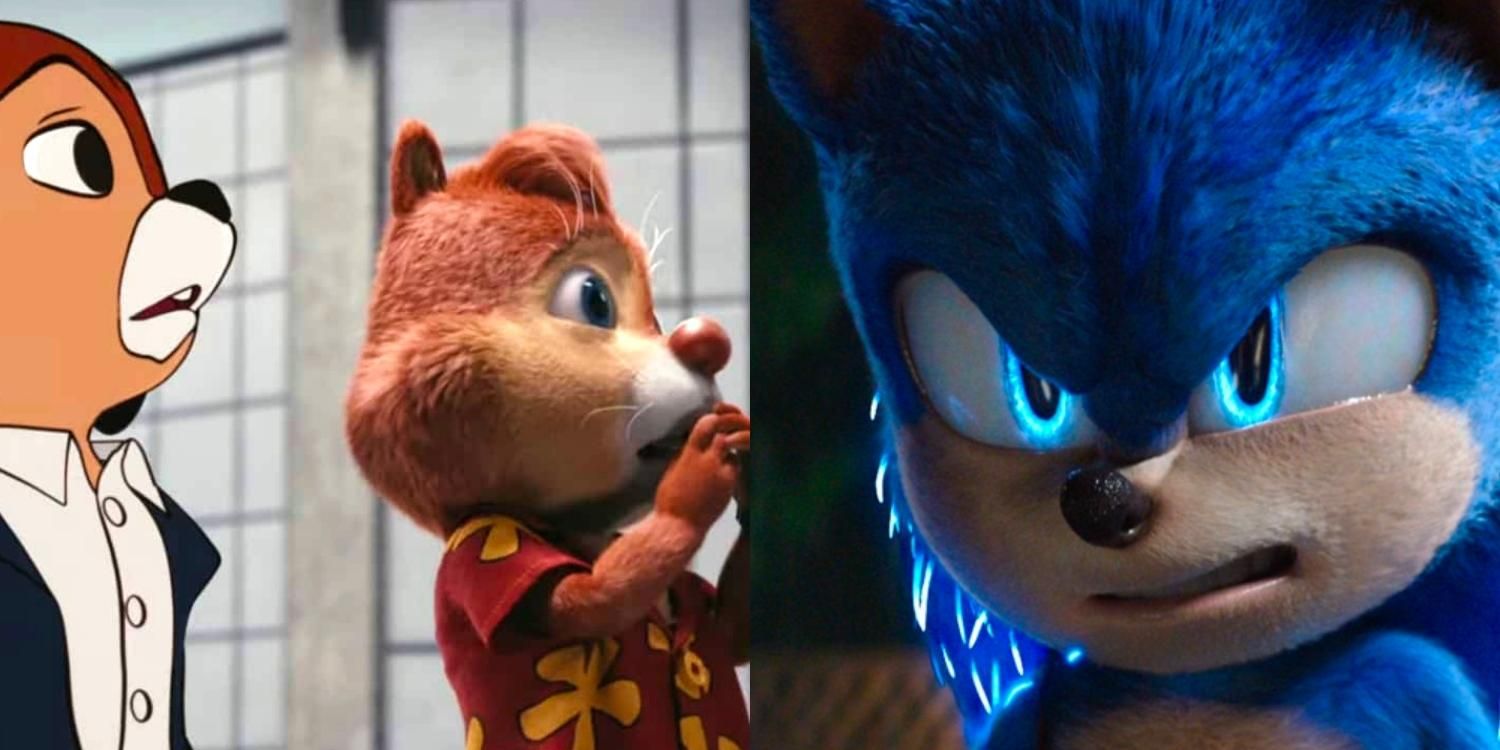 Chip and Dale looking concerned in Rescue Rangers and Sonic glowing with electricity in Sonic the Hedgehog 2