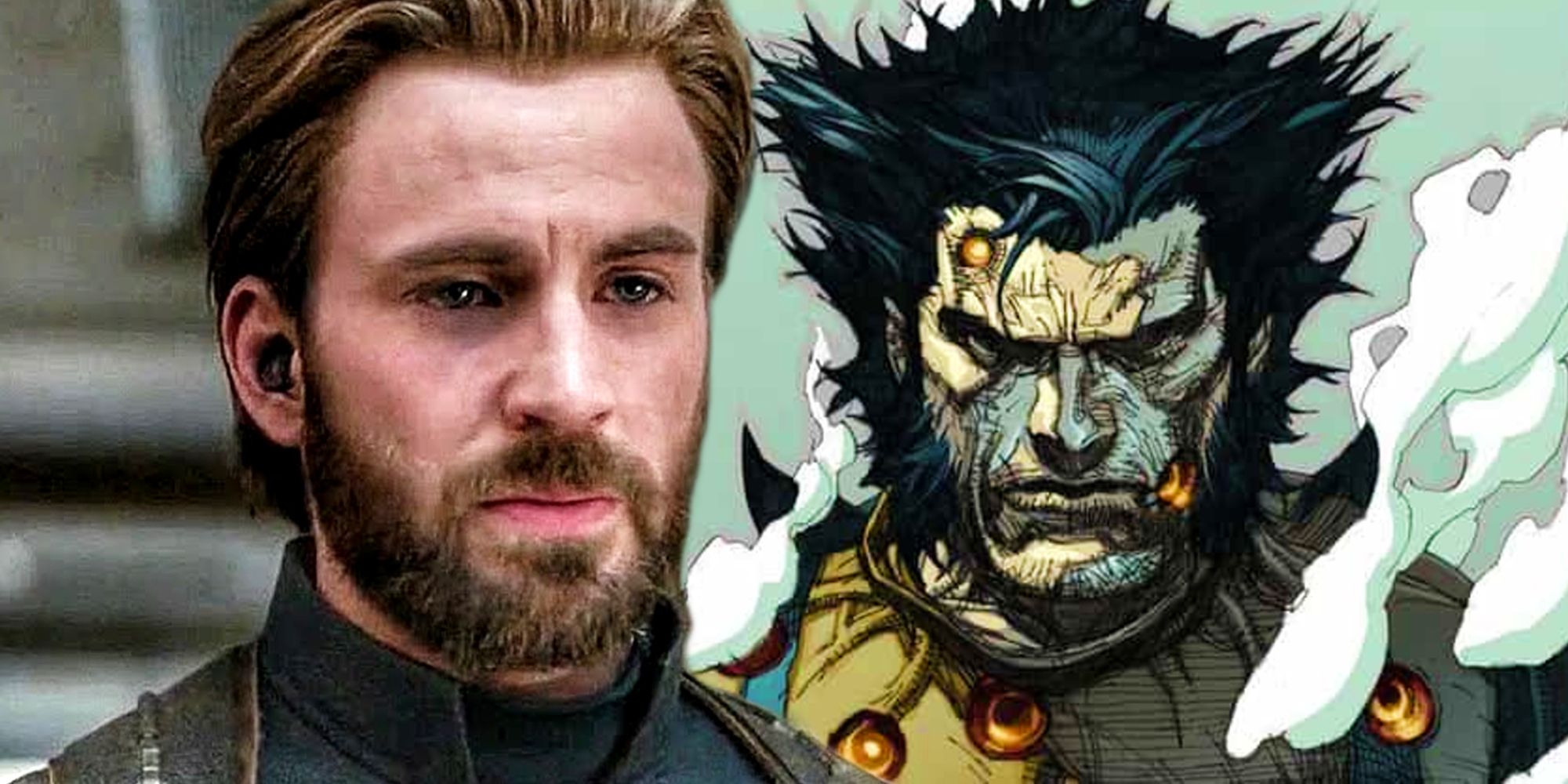 Chris Evans as Captain America (left) comic book Wolverine riddled with bullets (right.)