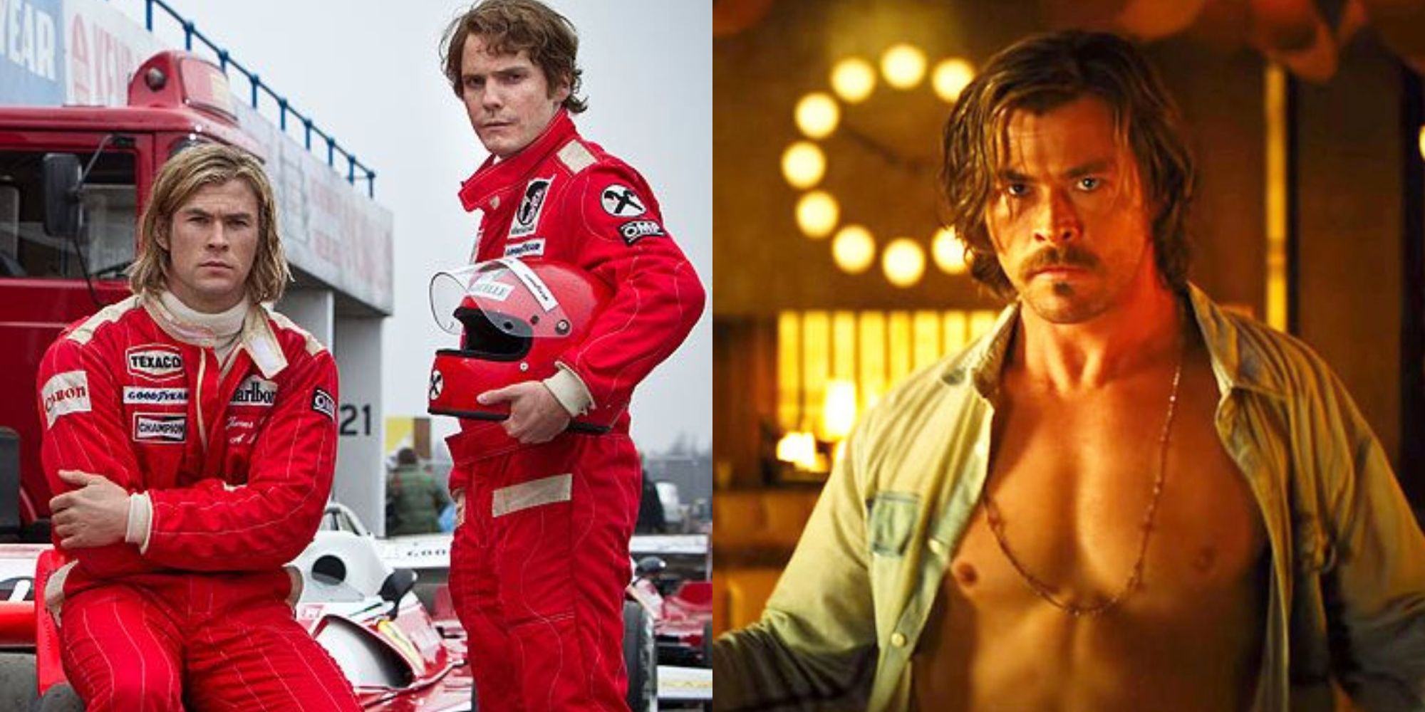 Split image showing Chris Hemsworth in Rush and Bad Times at the El Royale.