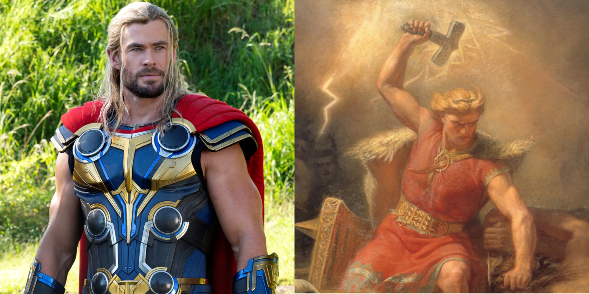 Split image showing Thor in Love and Thunder and in a painting.