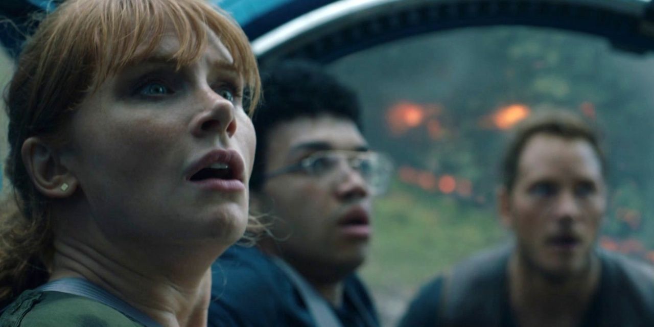 Claire, Franklin, and Owen react with horror in Jurassic World Fallen Kingdom 
