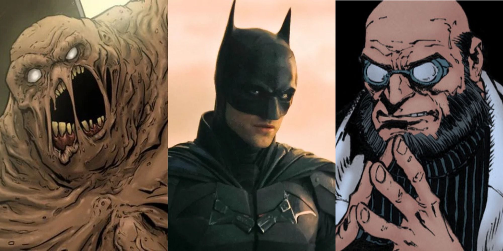 Clayface and Hugo Strange from the comics by a picture of Pattinson's Batman