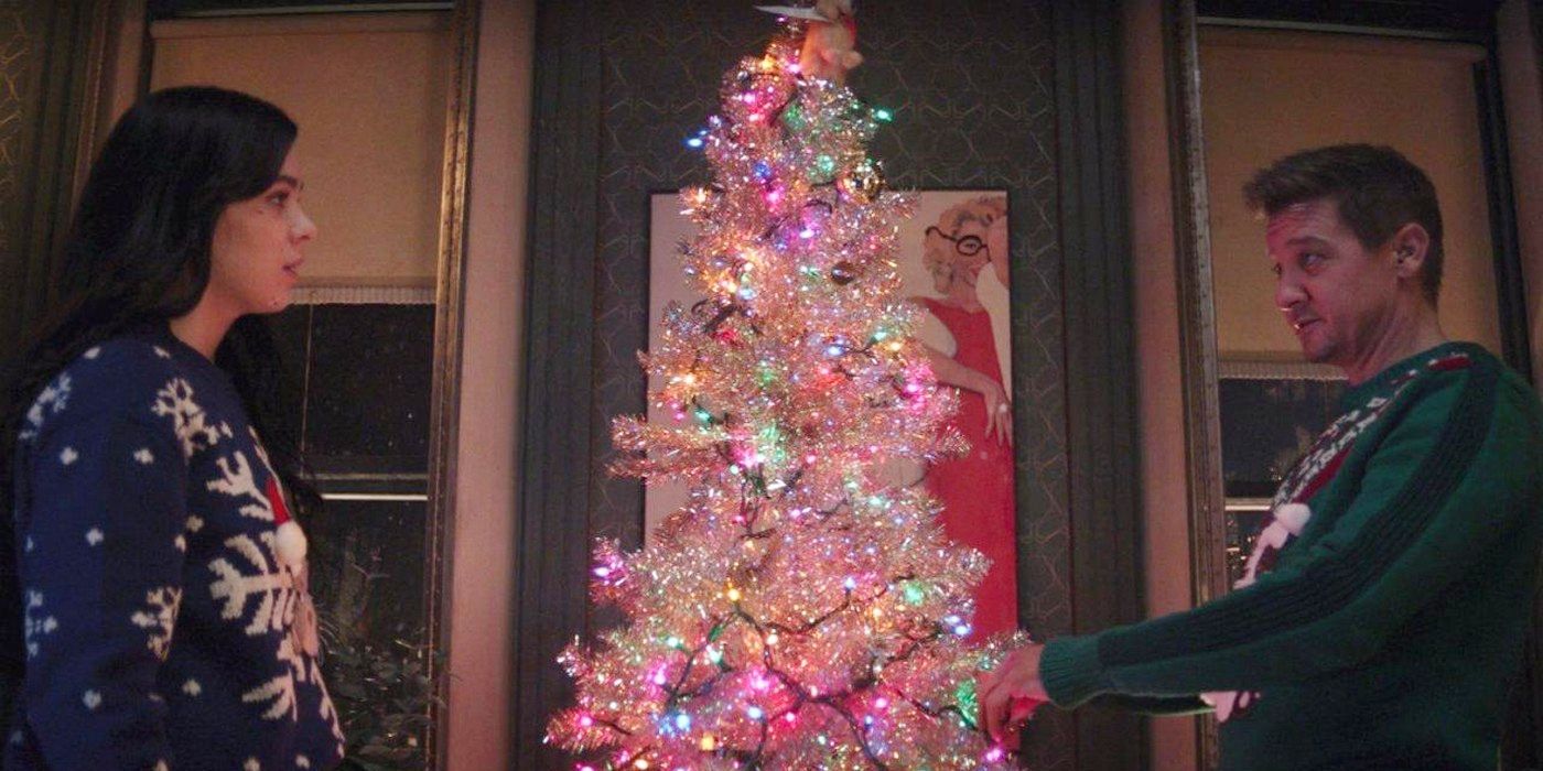 Clint Barton and Kate Bishop stand by Christmas tree in Hawkeye