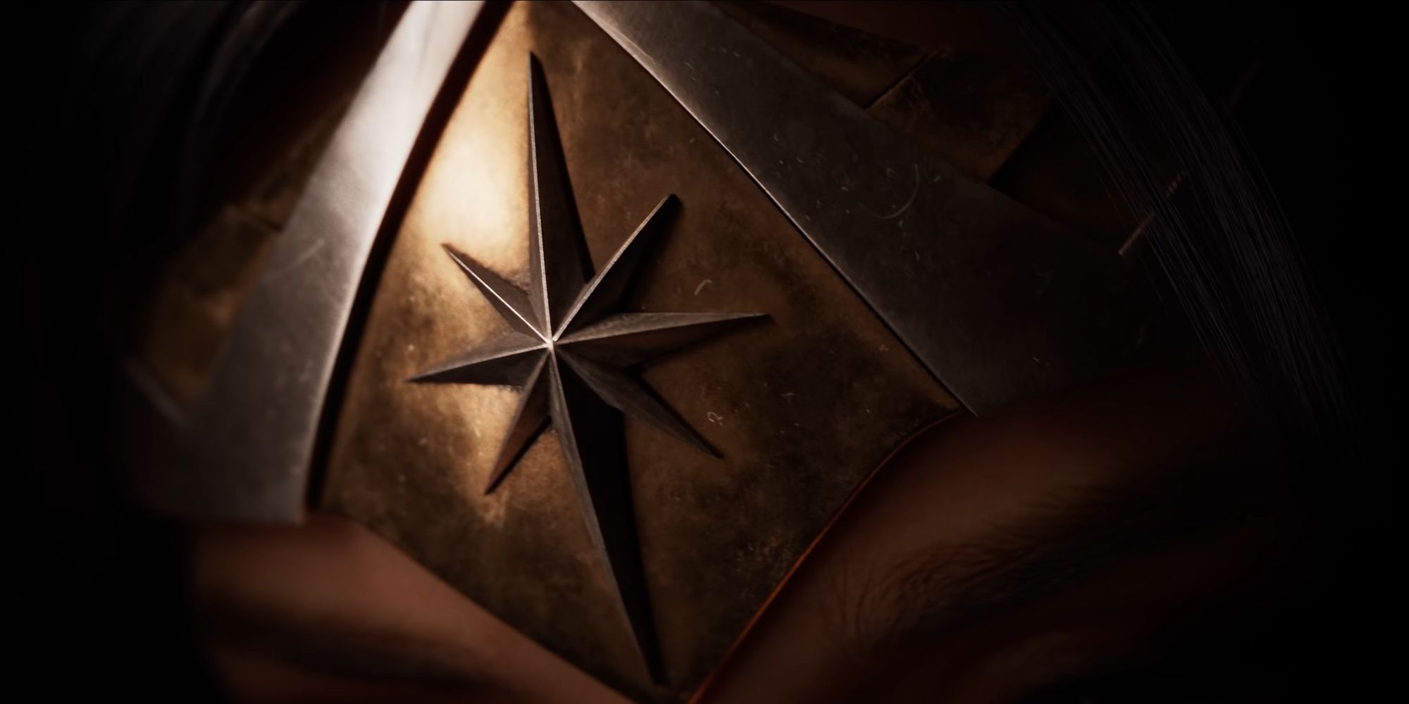 Closeup of Wonder Woman's tiara in the Wonder Woman game trailer