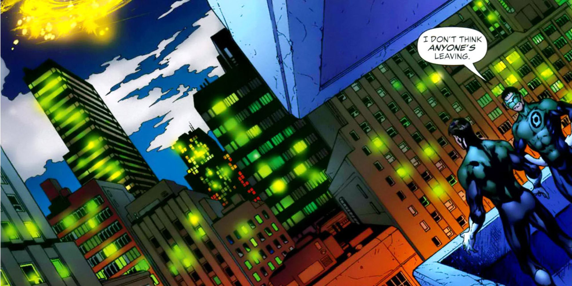Coast City citizens lighting their home with green lights in Green Lantern comics