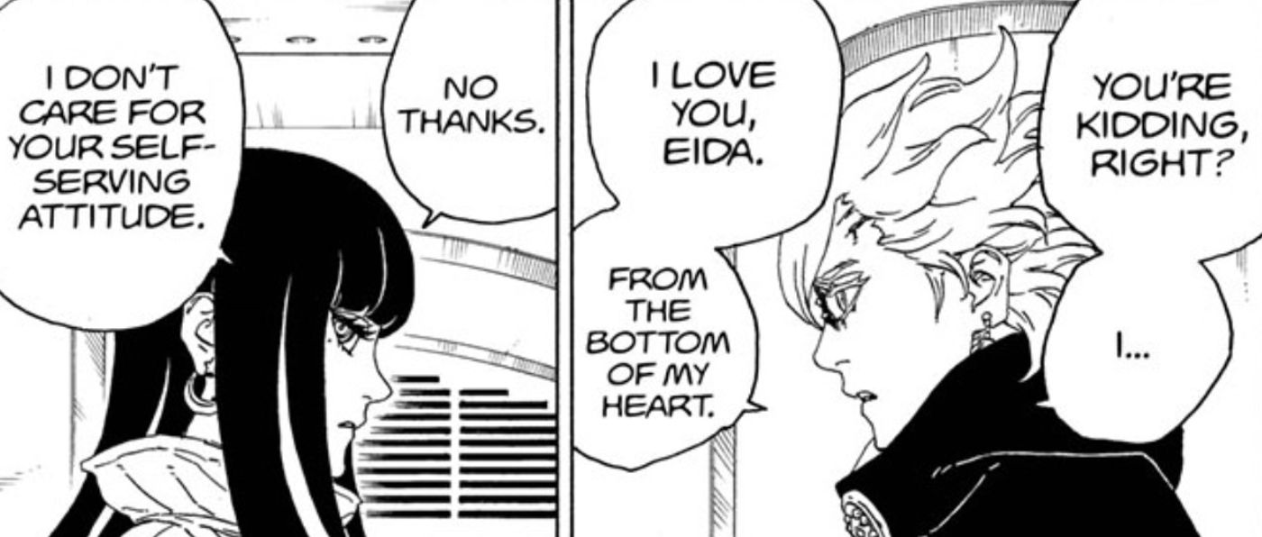 Code says that he loves Eida that he loves her from the bottom of his heart after she says that they must go their seperate ways in Boruto chapter 71.