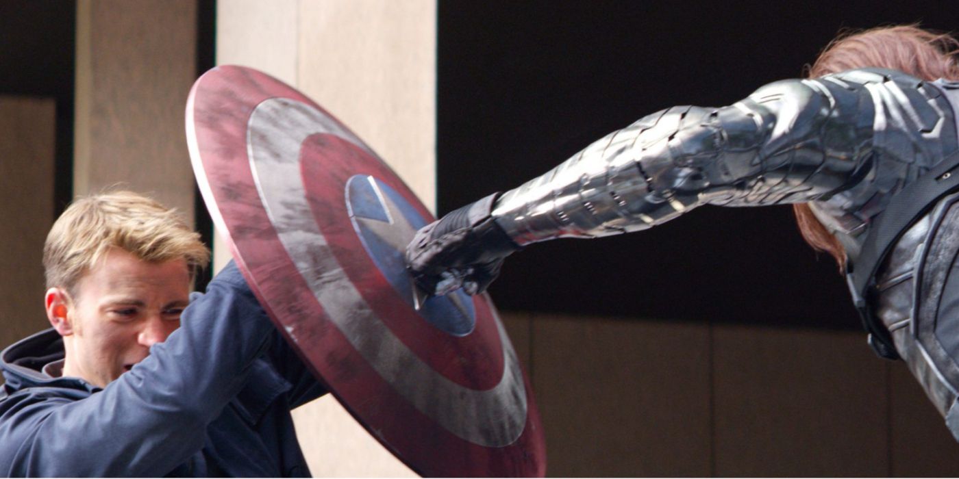 Bucky punching Captain America Shield in Captain America The Winter Soldier Cropped