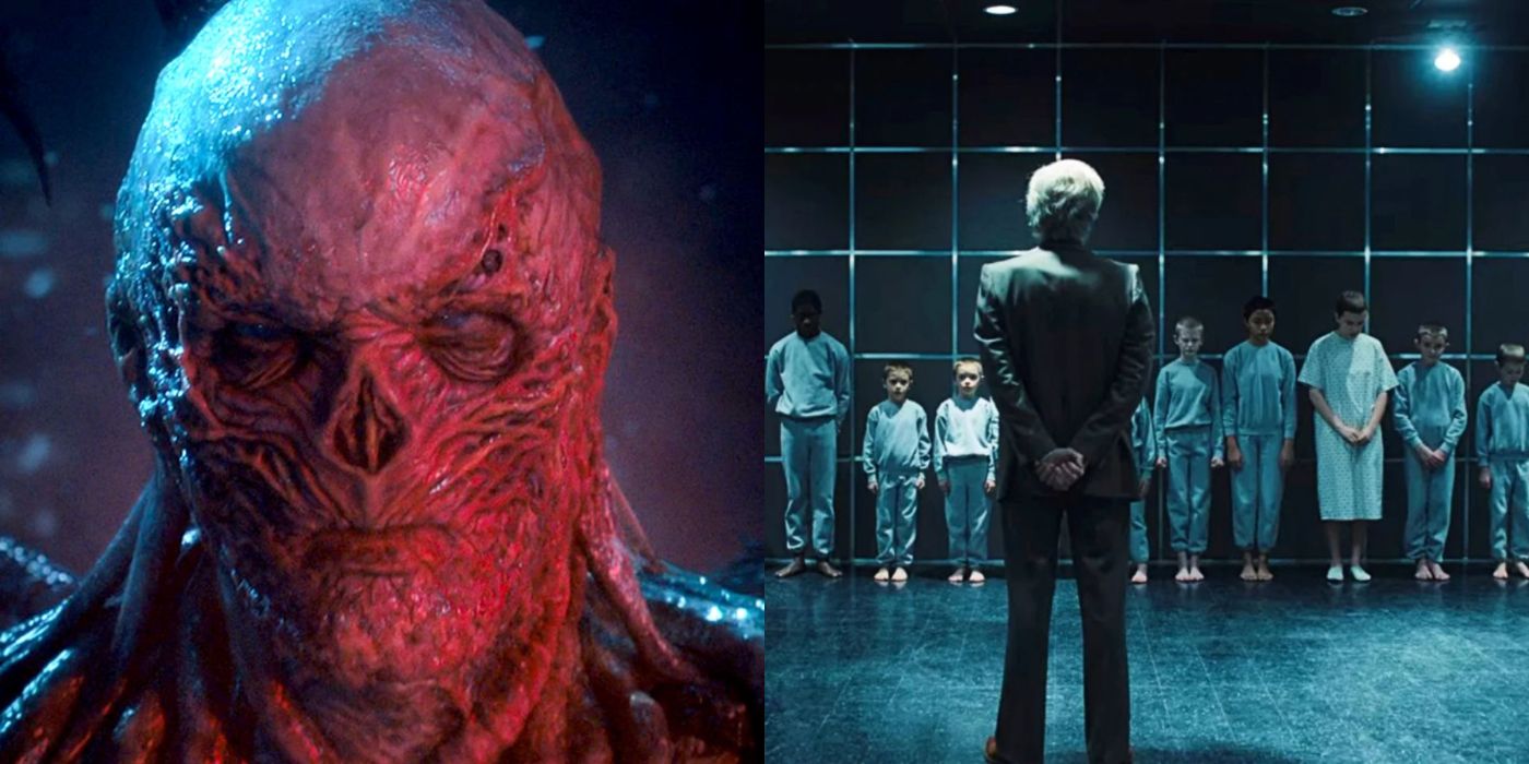 Split image of Vecna and the children at Hawkins lab in Stranger Things
