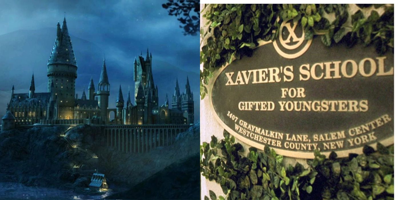 Dual photo of Hogwarts and X-Men School sign