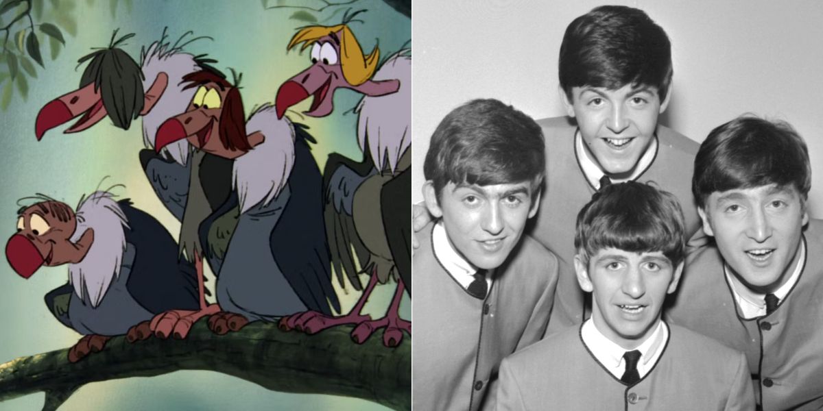 Side by side images of the Jungle Book vultures and the Beatles.