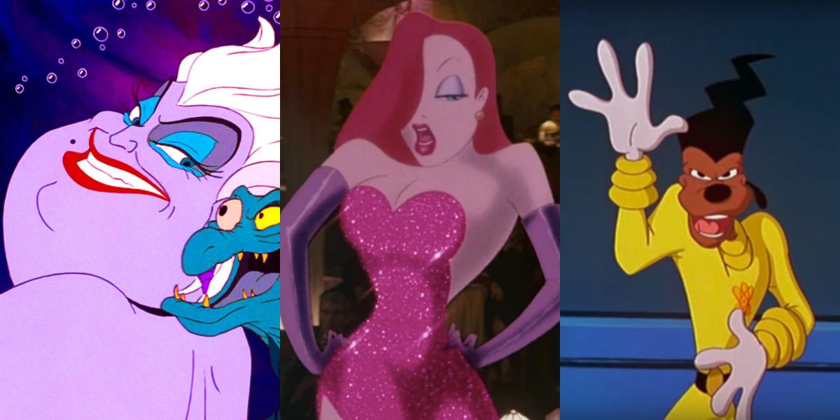 Three side by side images of Ursula, Jessica Rabbit, Powerline.