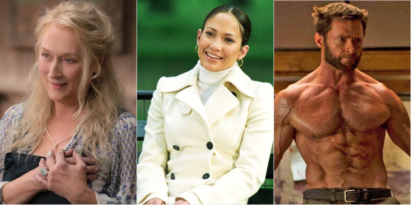 Meryl Streep, Jennifer Lopez and Hugh Jackman in a split image