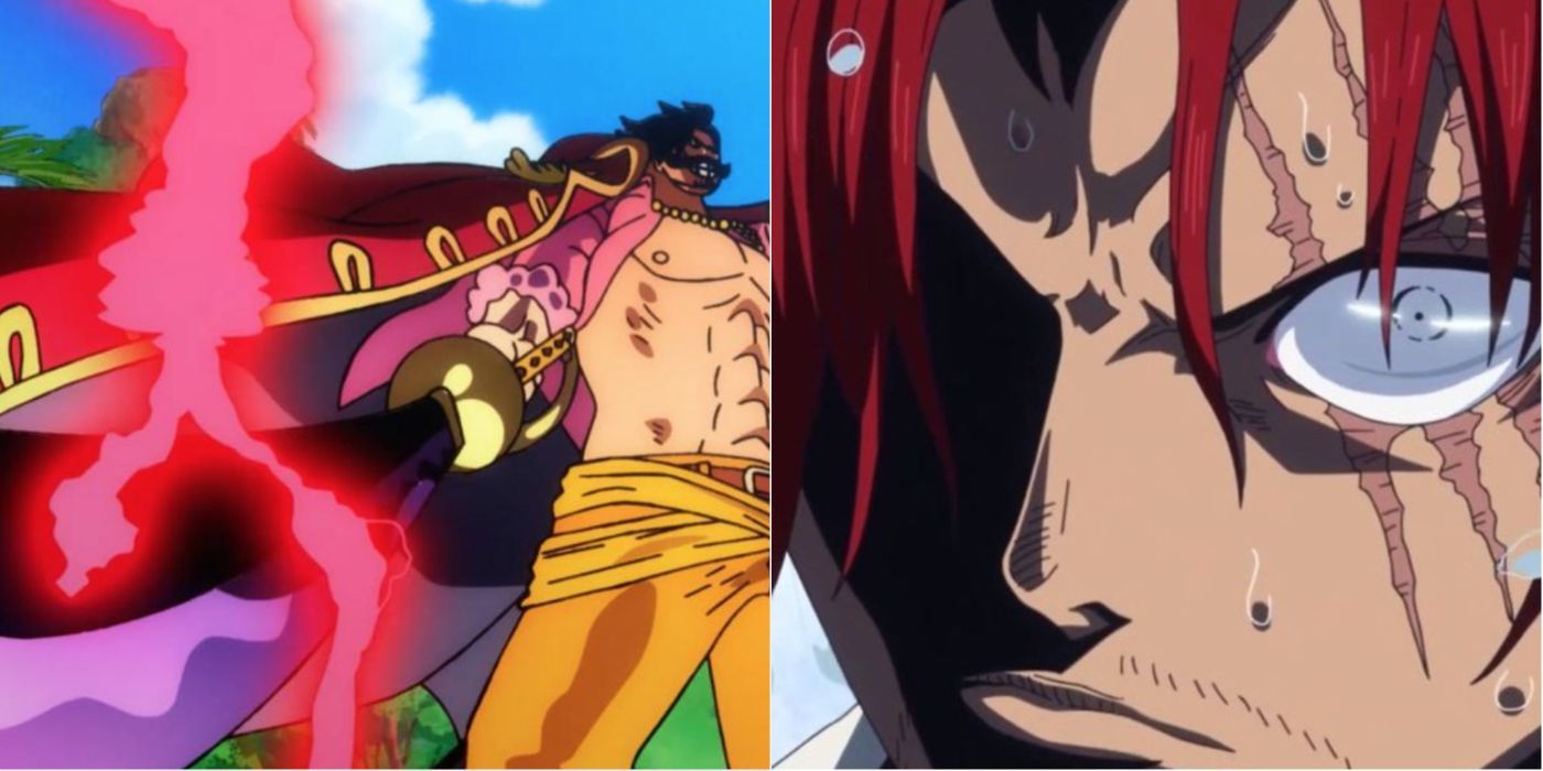A split image of Roger and Shanks using Conqueror's Haki.