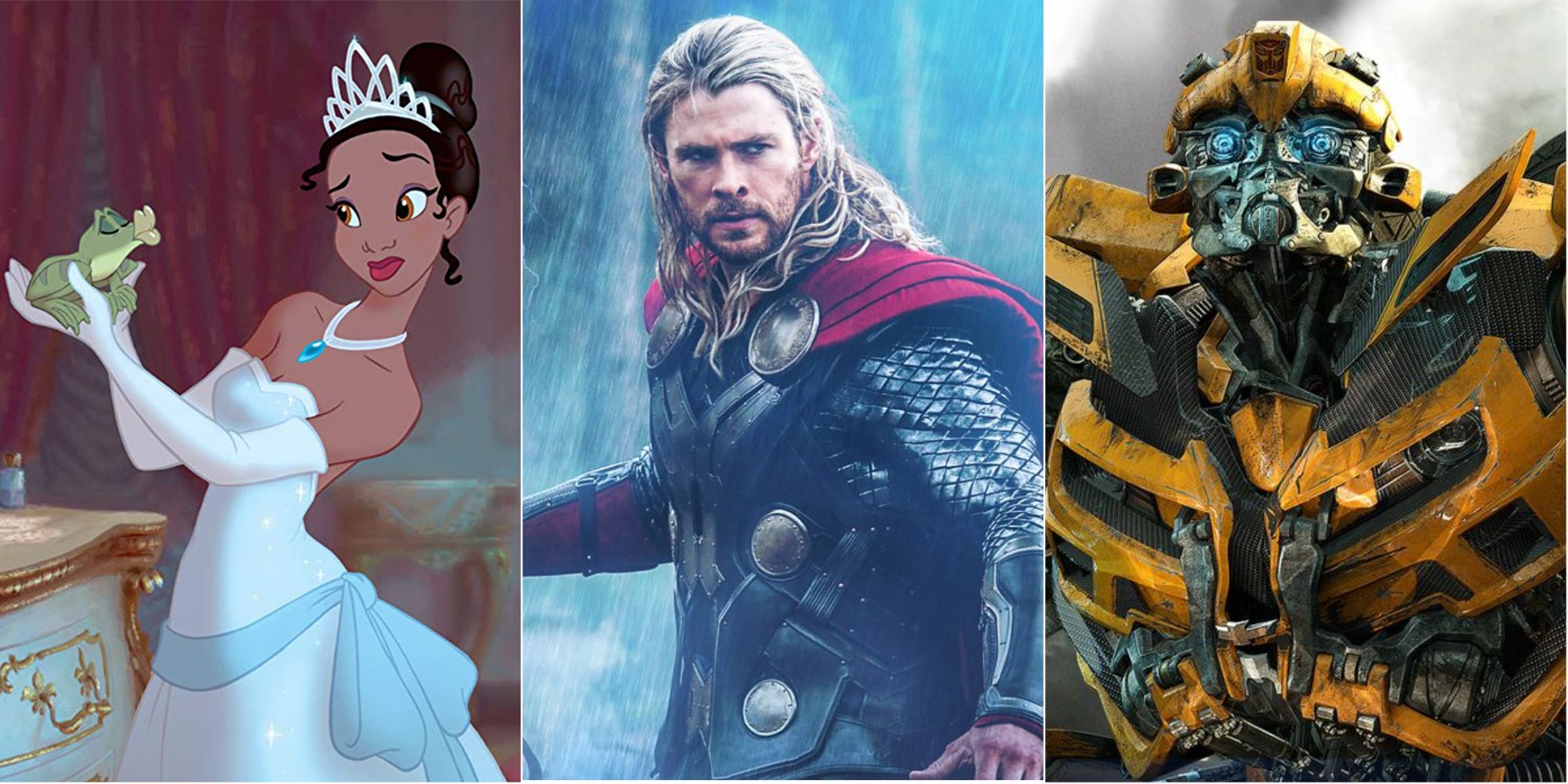 Tiana from princess in the frog, thor, and bumblebee from transformers